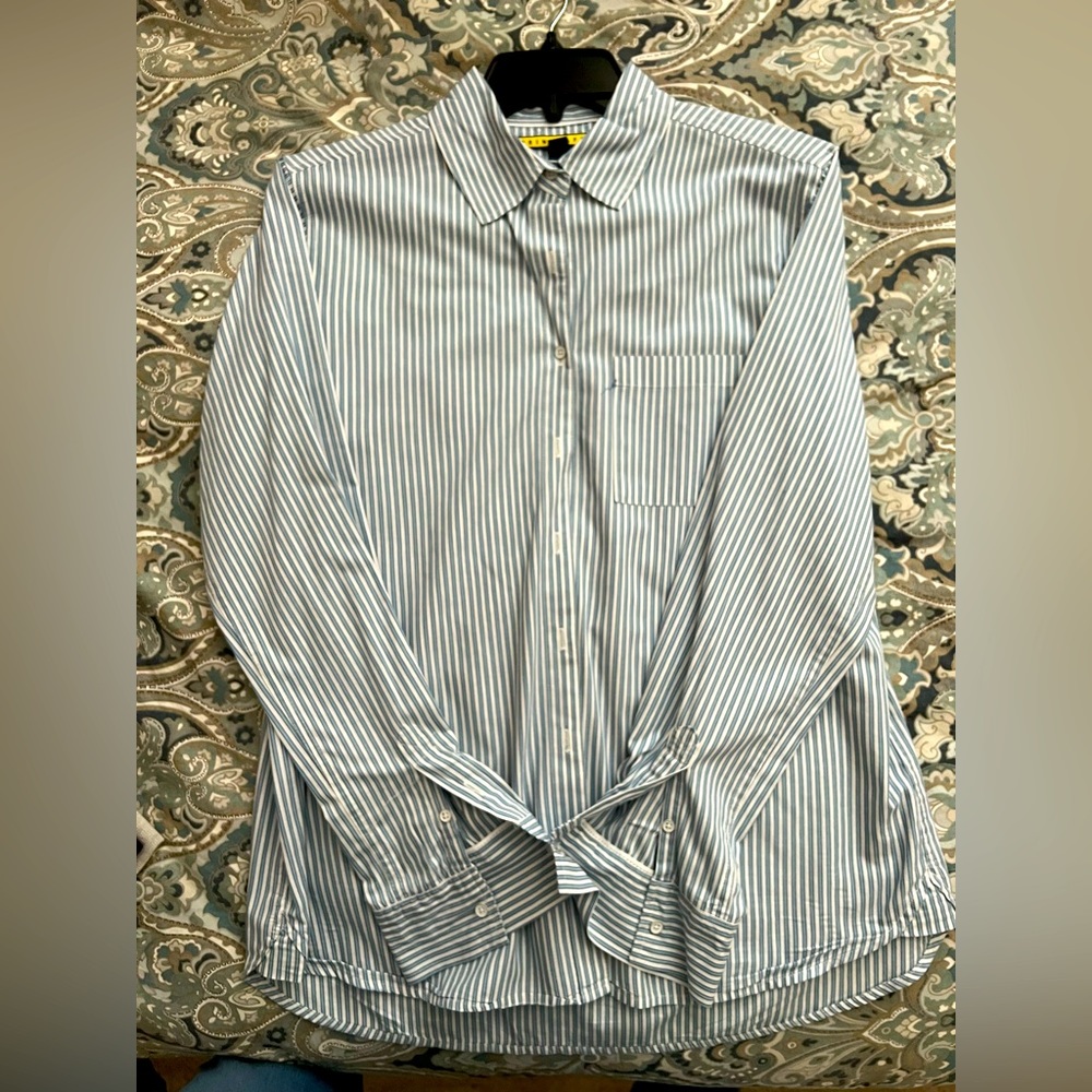 Blue and white pinstriped collared long sleeve shirt with one pocket